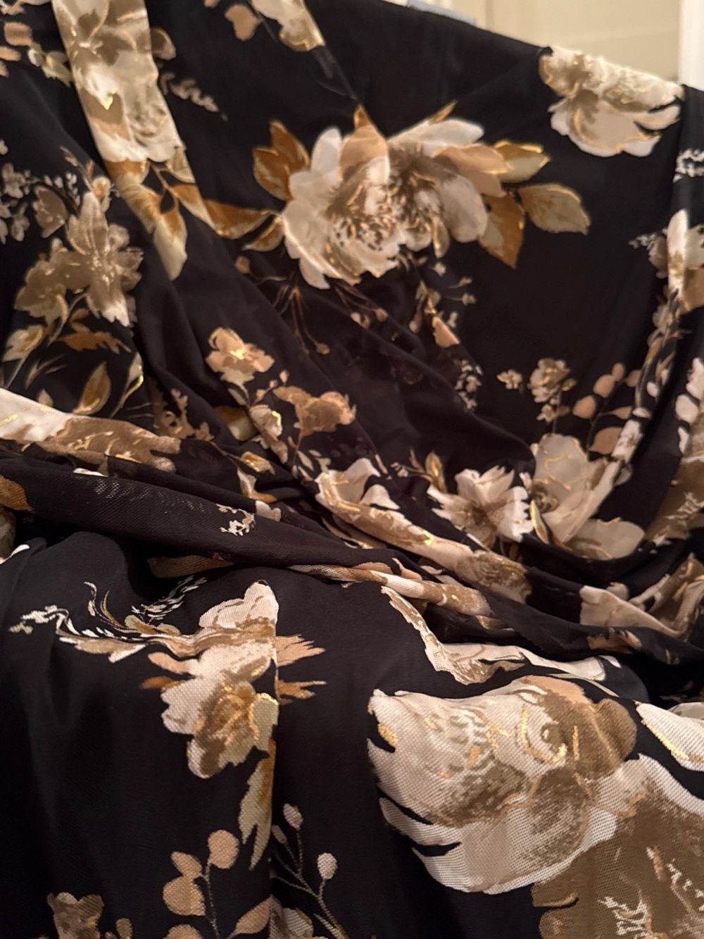 Black Floral Midi Dress with Cream and Gold Accents